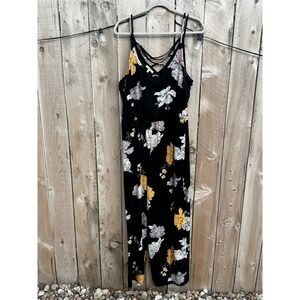 Maurices Black Floral Sleeveless Jumpsuit with Criss Cross Back Size L